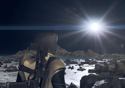 Personnage de Starfield sur Tethys face à un soleil éclatant