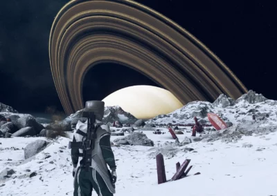 Personnage de Starfield sur Tethys avec Saturne et ses anneaux à l’horizon