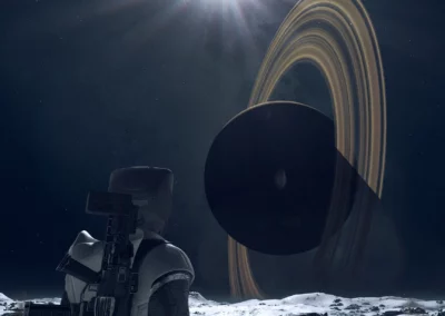 Personnage de Starfield sur une lune glacée avec Saturne et ses anneaux