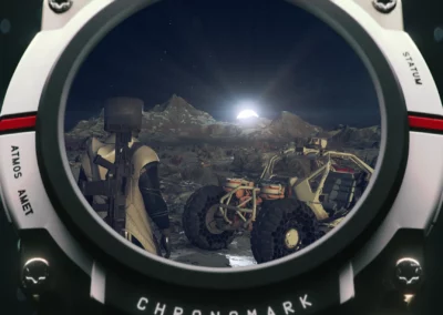 Photo de Starfield sur Tethys avec le personnage et le véhicule REV-8