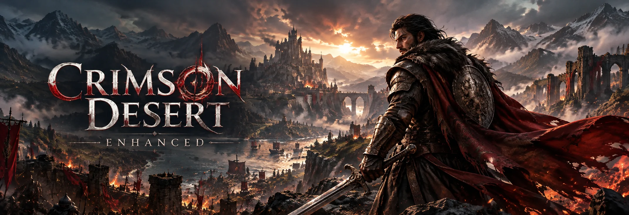Crimson Desert Enhanced – Bannière SwissGamer Bannière Crimson Desert Enhanced avec un guerrier en armure et cape rouge, devant une cité médiévale et des montagnes majestueuses.