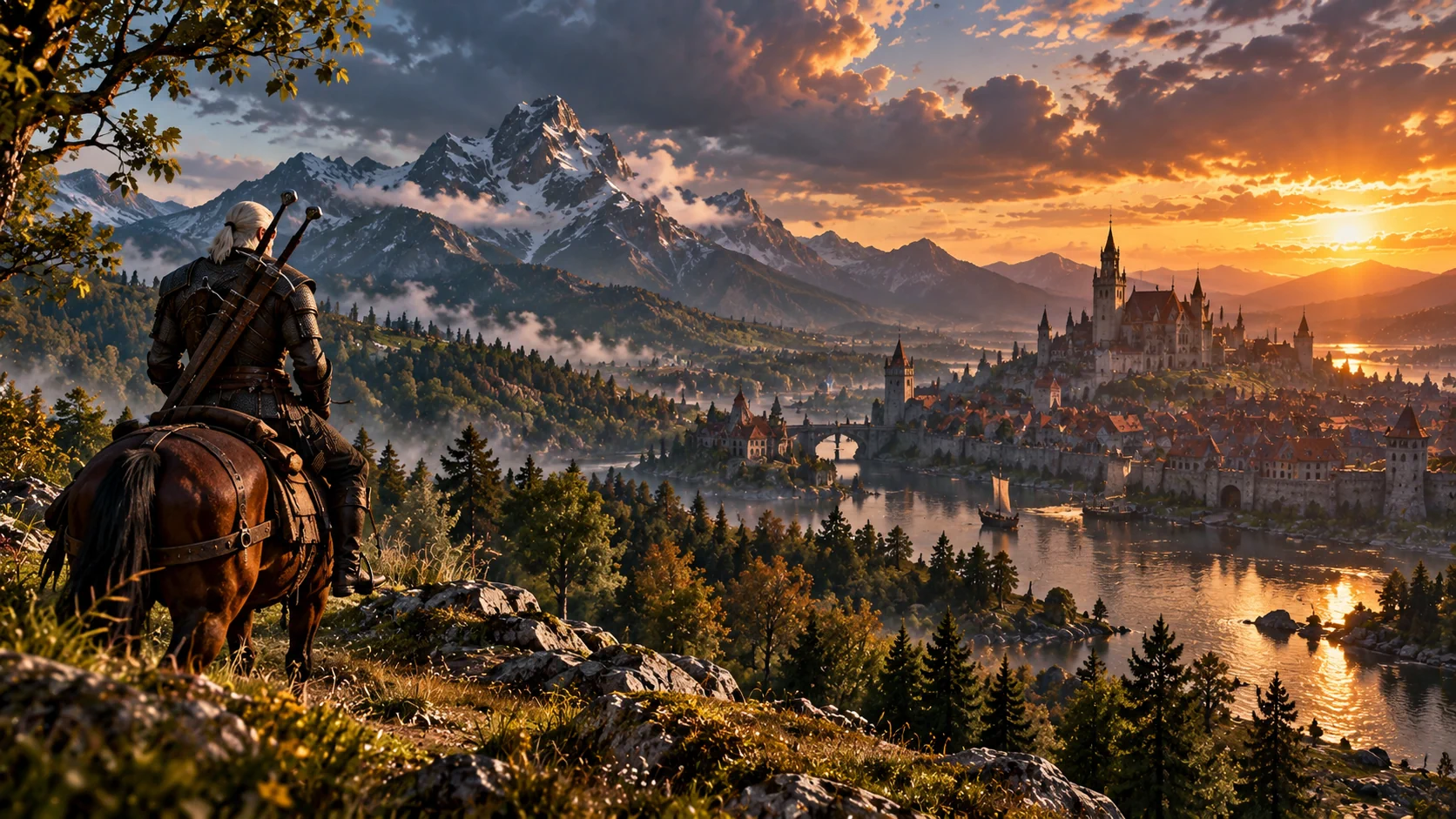 The Witcher 3 – Paysage fantastique Paysage de l'univers de The Witcher 3 avec un sorceleur à cheval face à une cité médiévale et aux montagnes